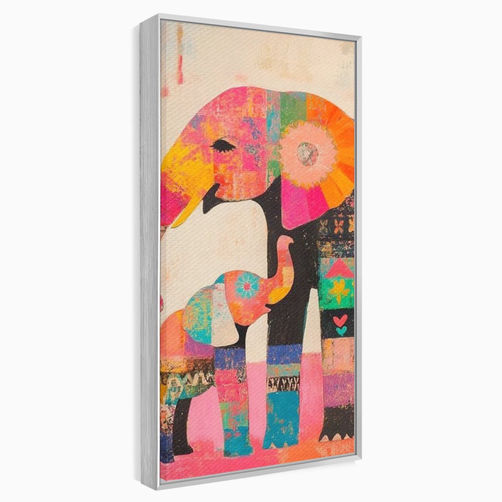 Tablou canvas cu tablou pictura cu elefanti colorati, in rama de aluminiu argintiu